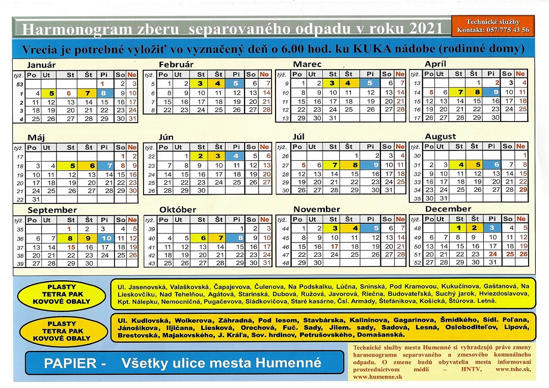 harmonogram zberu separovaného odpadu 2021m